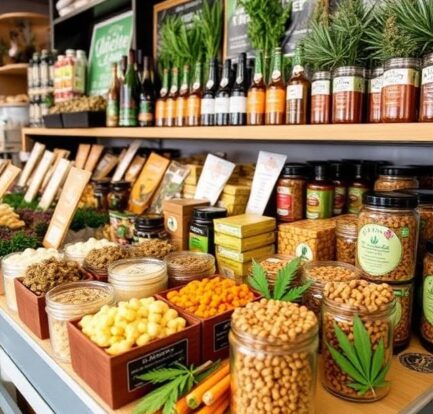 Hemp store display with jars of seeds, snacks, sauces, cannabis leaves, and bottled products on wooden shelves.