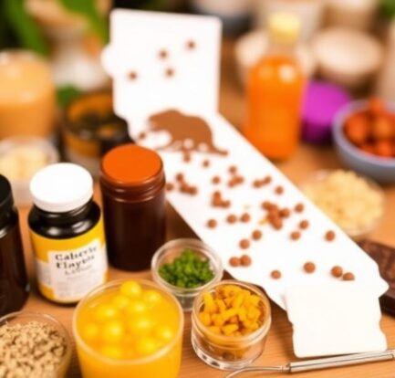 California-shaped cutting board surrounded by supplements, spices, golden berries, turmeric, and health food ingredients on a